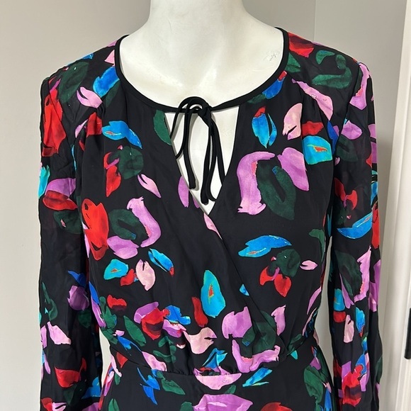 PARKER JEWELED Silk Floral Faux Wrap Dress Long Sleeve V Neck Black Sz S NEW - Picture 2 of 11